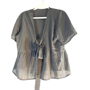 Lyaner Womens Top Crop Black V-Neck With Tie Sheer Short Sleeeves Baby Doll Size